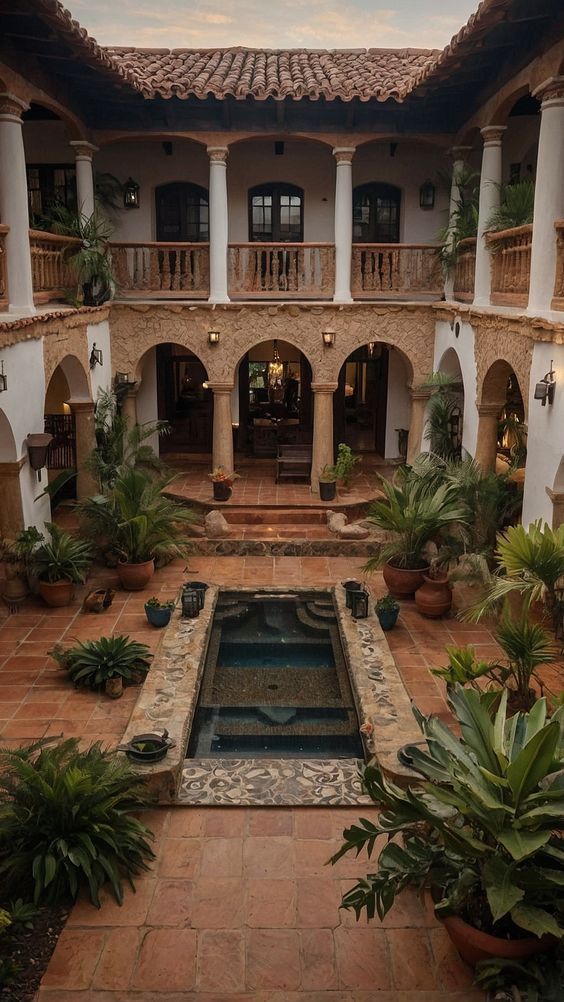 an indoor pool surrounded by potted plants in front of a large white building with columns