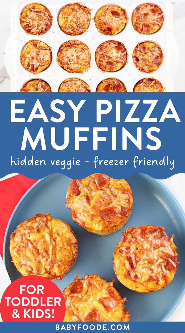 muffin tin filled with precooked muffin mix over a final shot of 4 pizza muffins on a plate Muffins For Toddlers, Muffins For Kids, Easy Toddler Lunches, Daycare Meals, Toddler Muffins, Baby Lunch, Picky Toddler Meals, Tasty Pizza, Lunch Box Idea