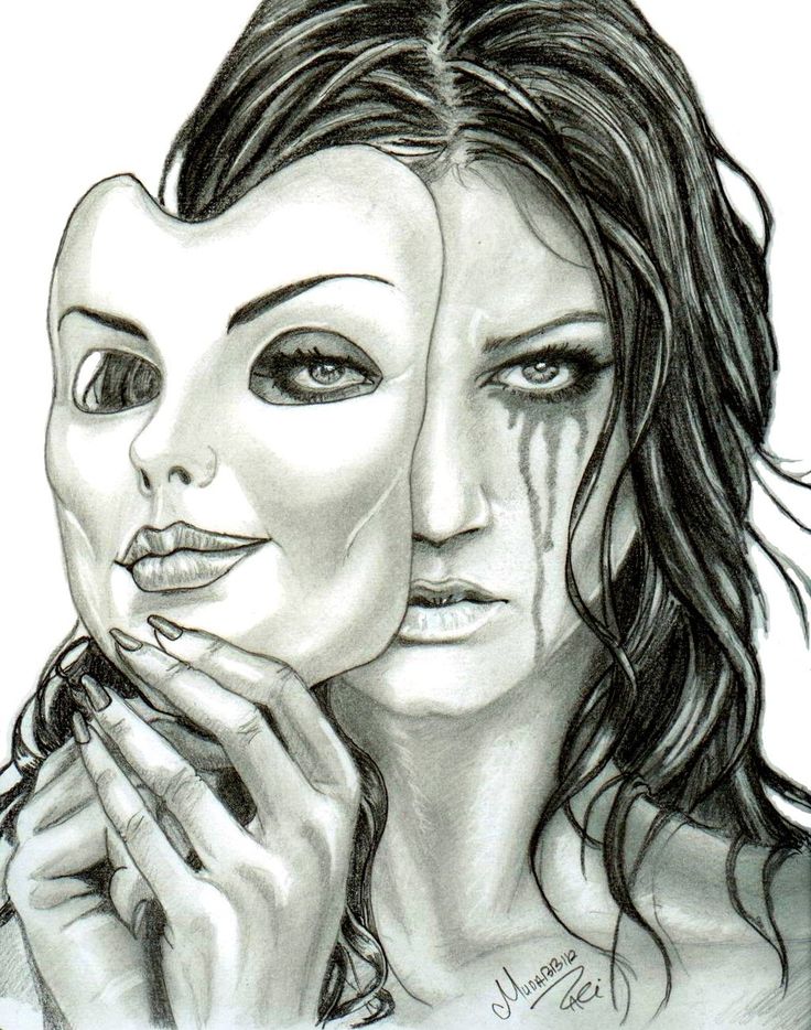 a drawing of two women with masks on their faces, one holding the other's face