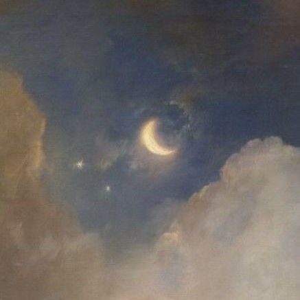 an oil painting of the moon and stars in the sky above clouds, with two cows grazing