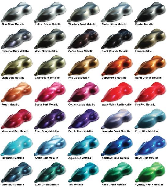 the different colors of metallic paint in various shapes and sizes, with names on each side