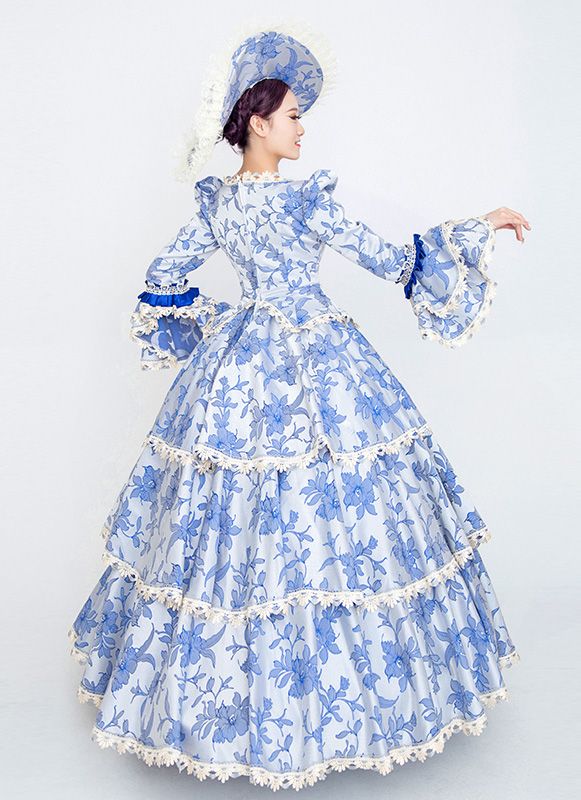 Blue Floral 18th Century Rococo Baroque Marie Antoinette Ball Gown Medieval Renaissance Historical Period Dresses     Condition: Brand New   Color:  As Picture   Material: Satins And Lace   Silhouette: Ball Gown   Sleeve Length: Full Sleeve   Dresses Length:Floor-Length   Neckline: Square Collar   Decoration: Lace   Style: Vintage     Includes: Dress + Hat Princess Dress Medieval, Masquerade Party Dresses, Gothic Victorian Dresses, Baroque Dress, Full Sleeves Dress, Blue Party Dress, Period Dress, Party Dresses Online, Medieval Dress