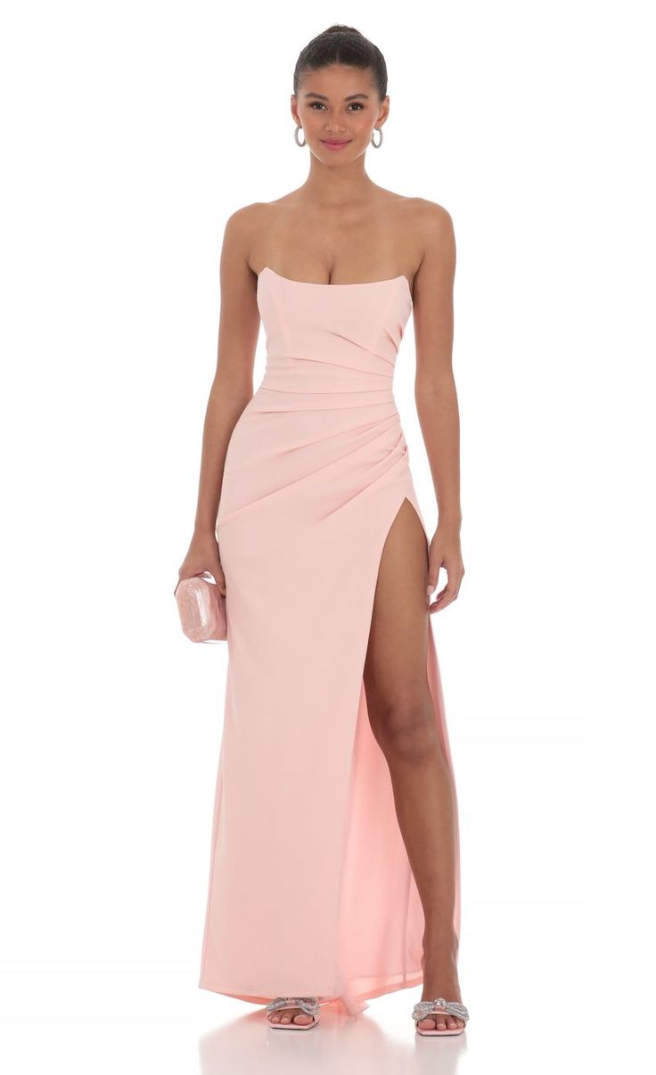 Strapless Corset Maxi Dress in Pink | LUCY IN THE SKY Prom Blush Pink, Strapless Blush Dress, Strapless Pink Prom Dress, Formal Dresses Strapless, Light Pink Formal Dresses, Pink Tube Dress, Sorority Dresses, Pink Formal Dress, Floral Homecoming Dresses