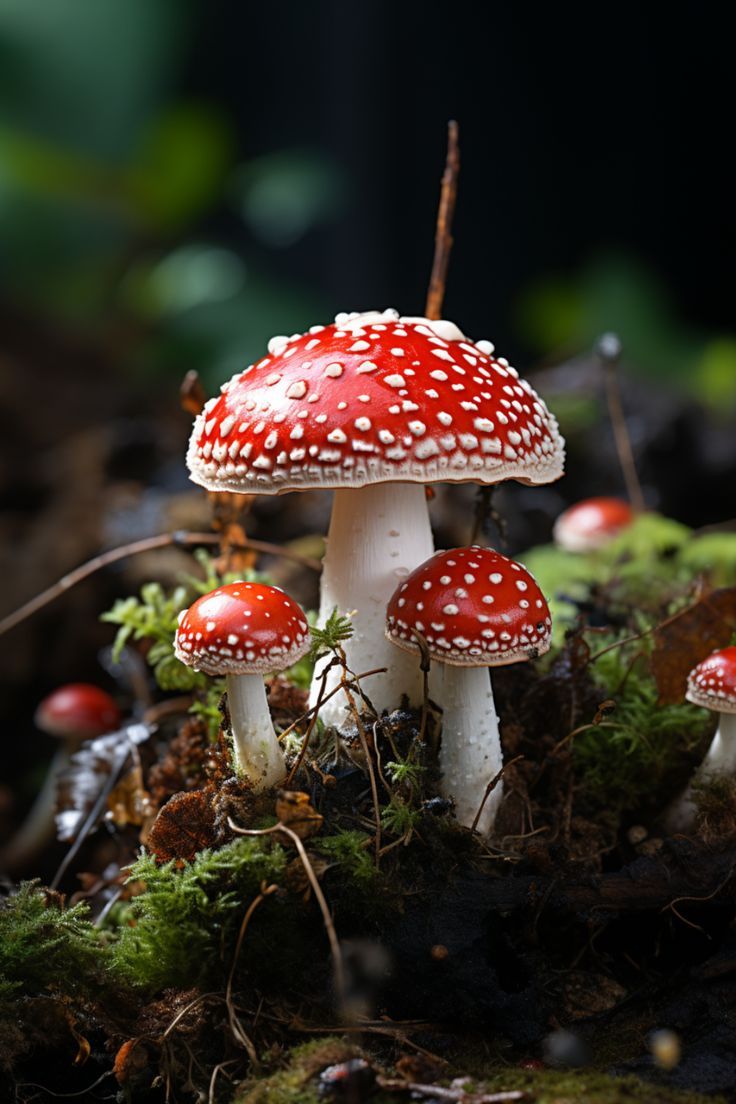 small red and white mushrooms growing on the ground in mossy area with green leaves