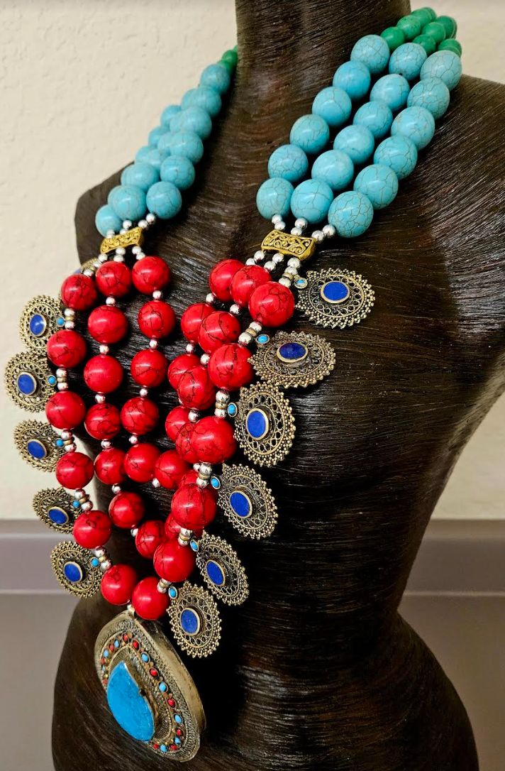 Since this is an older piece, I am open to considering reasonable best offers. Please email me. _____________________________________________________________________________________________ This stunning, jaw drop creation is from my private vault, and unworn. It is a big, bold, chunky and heavy beaded chest piece comprised of red, blue and green magnesite round beads with shiny silver tone metal balls. 12 lapis lazuli fancy filigree charms are suspended from the outer most strand and a blue and Bohemian Beads For Traditional Ceremonies And Festivals, Traditional Beaded Necklaces For Festival Gift, Bohemian Handmade Beaded Necklaces For Traditional Ceremonies, Bohemian Turquoise Necklace For Festive Occasions, Handmade Festival Necklaces, Blue Bohemian Necklace For Festive Occasions, Traditional Handmade Turquoise Beaded Necklaces, Artisan Blue Beaded Necklaces For Festivals, Traditional Beaded Necklaces With Colorful Beads For Festival