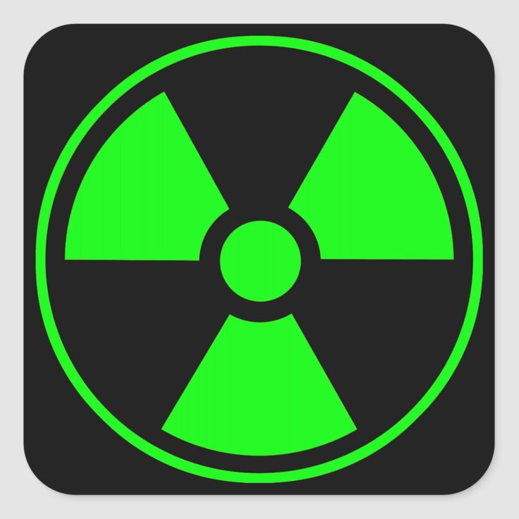 a neon green radioactive symbol on a black square sticker that is in the shape of a circle