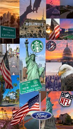 the collage is made up of many different pictures and symbols, including an eagle