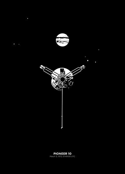 a black and white poster with an image of a space station in the middle of it