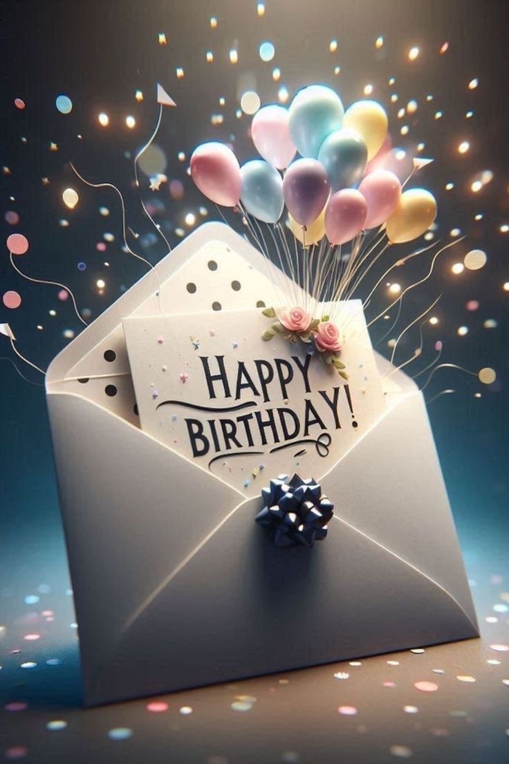 an open envelope with balloons and a happy birthday card in the front, on a blue background