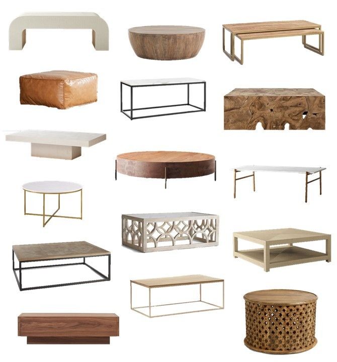 various coffee tables and end tables with different shapes and sizes, all made from wood