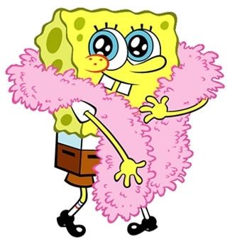 the spongebob is wearing a pink frilly skirt and holding a cell phone