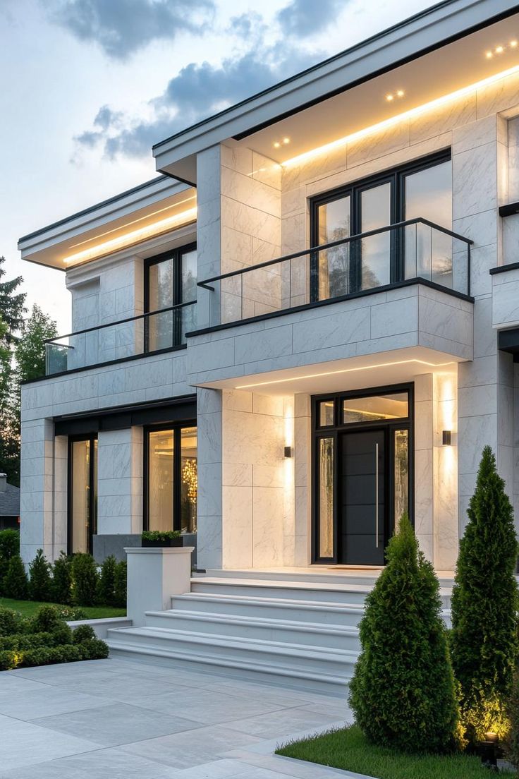 a modern house with stairs leading up to the front door and windows on both sides