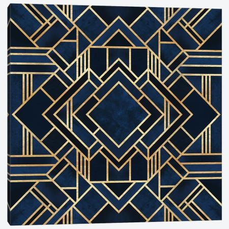 a blue and gold art deco wallpaper with squares, lines, and rectangles