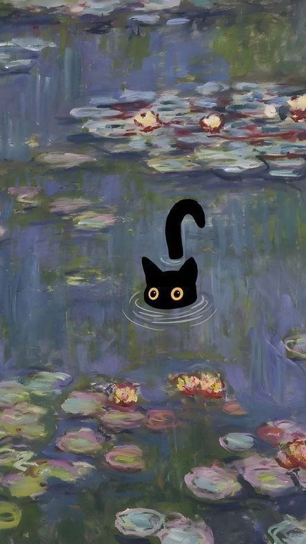 a black cat floating in the water with lily pads