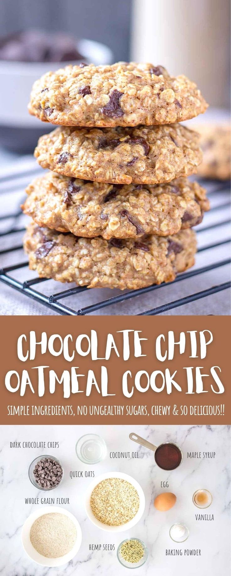 chocolate chip oatmeal cookies stacked on top of each other with ingredients to make them