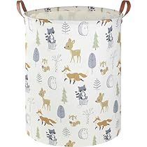 a white fabric basket with woodland animals on it