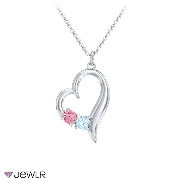 Beautiful and elegant, this tilted heart pendant holds two sparkling stones, representing you and your true love. Personalize with two 3mm gemstones of your choice and design in sterling silver, yellow, white, or rose gold. Sure to become a treasured piece, this heart necklace makes the perfect gift for Valentine's Day, Mother's Day, a birthday, or a special occasion. Cubic Zirconia Heart Cut Birthstone Jewelry, White Gold Heart Necklace With Birthstone, Fine Jewelry White Gold Heart Necklace With Birthstone, Personalized White Gold Heart Pendant Birthstone Necklace, Wedding Heart Necklace With Gemstone In Sterling Silver, Silver Heart Necklace With Birthstone - Cubic Zirconia, White Gold Heart Necklace With Birthstone For Mother's Day, White Gold Heart-shaped Birthstone Necklace For Anniversary, Mother's Day White Gold Heart Necklace With Birthstone