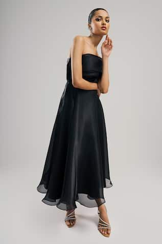 Midnight black padded and draped bodice fit and flare dress. - Aza Fashions Rhea Kapoor, Sanya Malhotra, Draped Bodice, Tarun Tahiliani, Bodice Dress, Midnight Black, Modern Bride, Designer Wear, Women Dresses