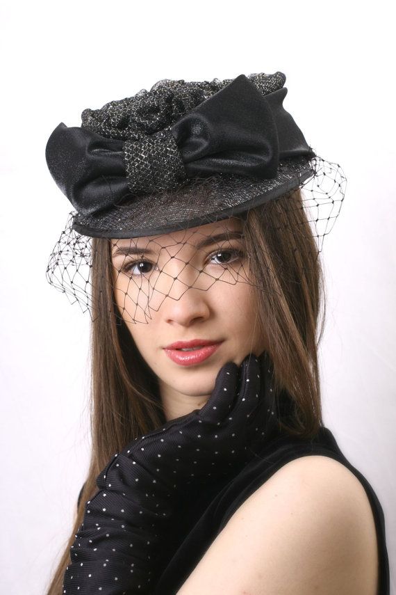 Kentucky black and silver derby hat Royal by IrinaSardarevaHats Black Gatsby Fascinator For Evening, Black Gatsby Style Fascinator For Evening, Black Gatsby Fascinator For Parties, Gatsby Style Black Fascinator For Parties, Black Gatsby Style Fascinator For Party, Black Gatsby Style Party Fascinator, Black Structured Crown Headpiece For Weddings, Structured Crown Black Headpiece For Wedding, Black Cloche Fascinator For Races