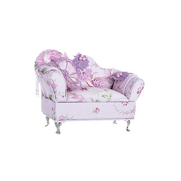 a pink and white chair with flowers on it's armrests, sitting in front of a white background