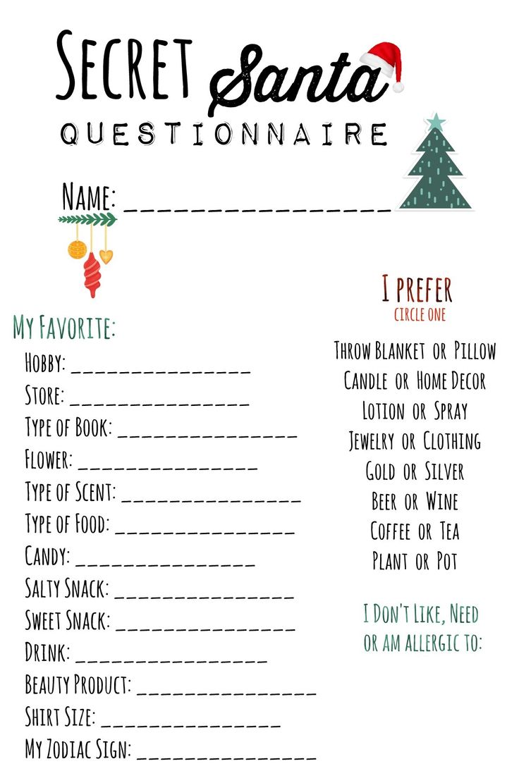 the secret santa question sheet is shown in red and green, with christmas decorations on it