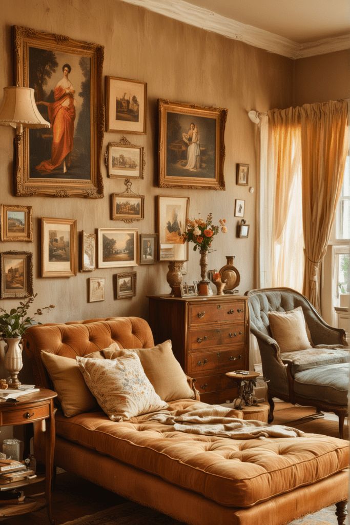 a living room filled with furniture and pictures on the wall above it's windows