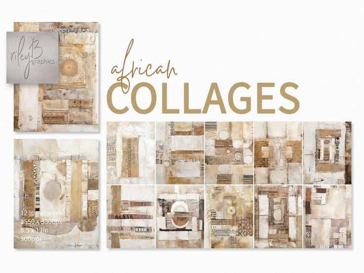 the collages are made up of many different types of papers and pictures with gold lettering