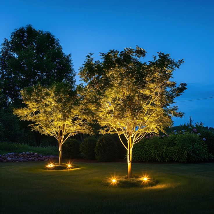 three trees lit up with lights in the grass