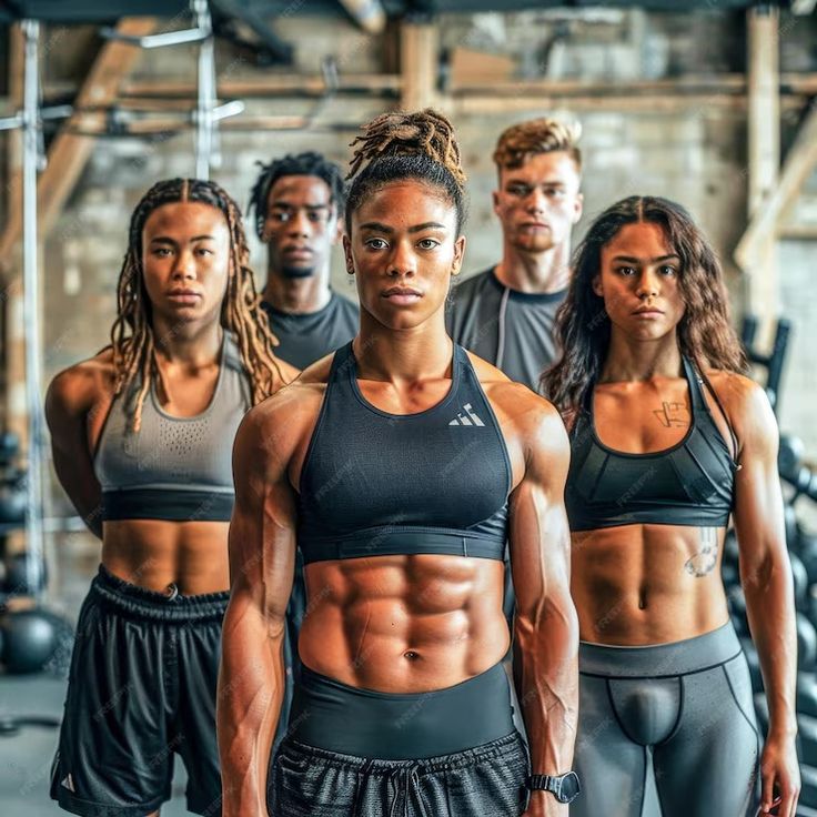 a group of people standing next to each other in front of a gym equipment rack