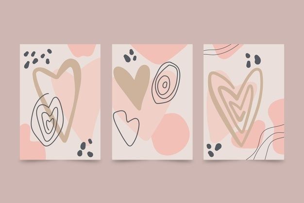 three paintings with hearts on them in pink, beige and black colors are hanging on the wall