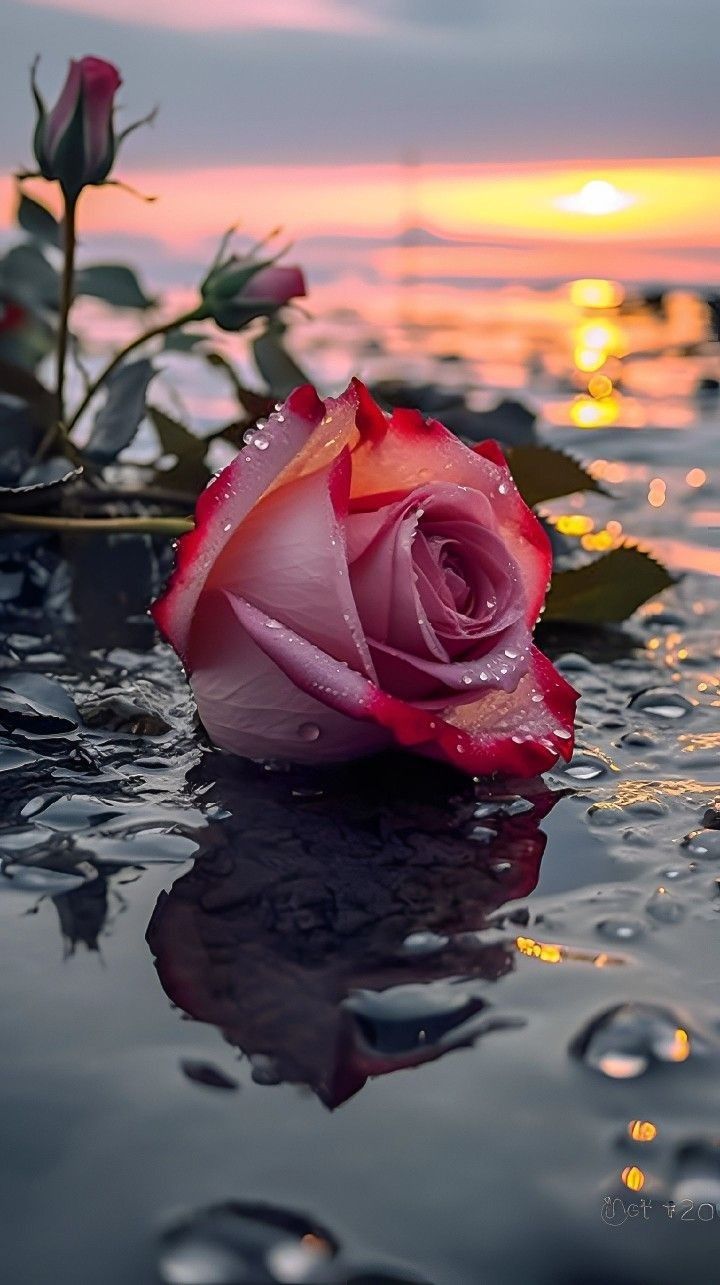 a pink rose sitting on top of a body of water with drops of water around it