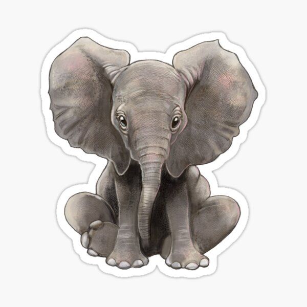 an elephant sticker sitting on the ground with its trunk up and eyes wide open