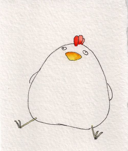 a drawing of a chicken with a red bow on its head