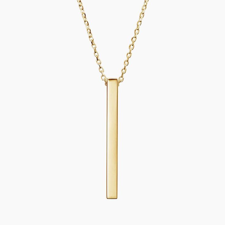 Engravable Vertical Bar Pendant - 14K Yellow Gold. Engravable on all four sides, this lustrous bar hangs elegantly from a cable chain for a sleek and sophisticated look. Modern 14k Yellow Gold Bar Necklace, Minimalist 14k Gold Bar Necklace With Rectangular Pendant, Minimalist Yellow Gold Bar Necklace With Cable Chain, 14k Gold Rectangular Pendant Bar Necklace, Minimalist Yellow Gold Bar Necklace With Rectangular Pendant, Classic Gold Rectangular Bar Necklace, Classic Rectangular Gold Bar Necklace, Elegant 14k Gold Rectangular Bar Necklace, Gold Minimalist Bar Necklace For Formal Occasions