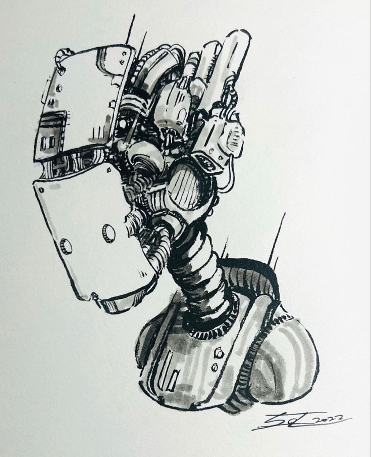 a black and white drawing of a robot holding something in his hand with one arm