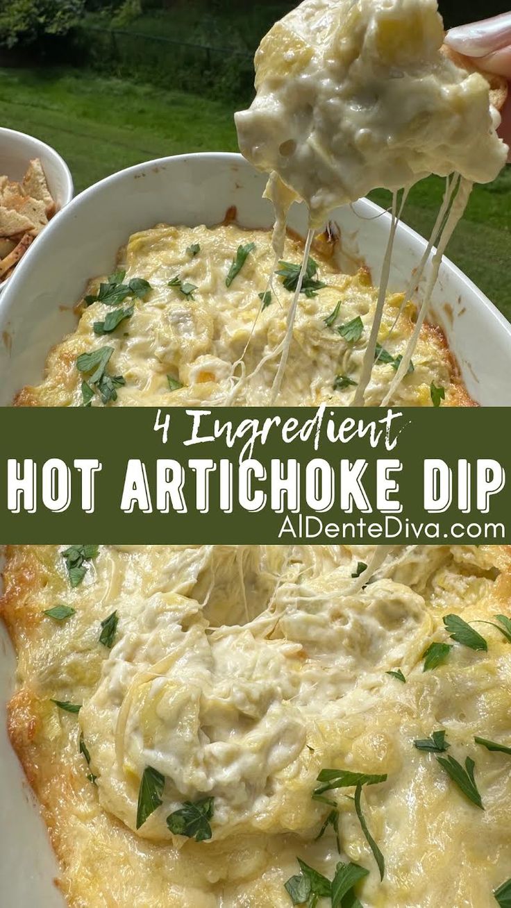 a white plate topped with an artichoke dip covered in melted cheese and garnished with parsley