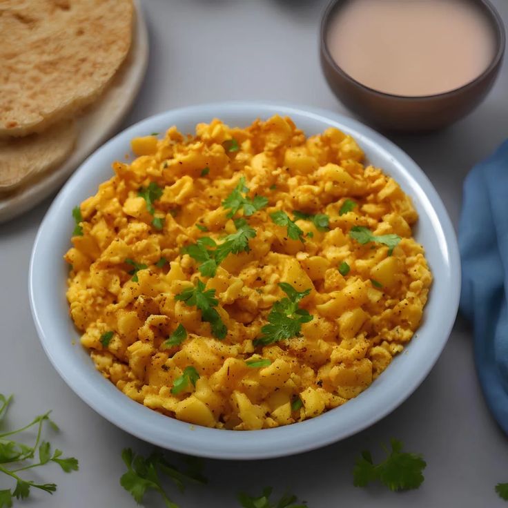 a bowl filled with food next to some pita bread