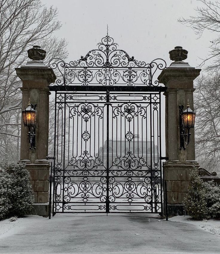 an iron gate with two lamps at the top in front of some snow covered trees