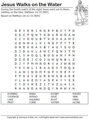 the jesus walks on the water word search page for kids to learn how to read it