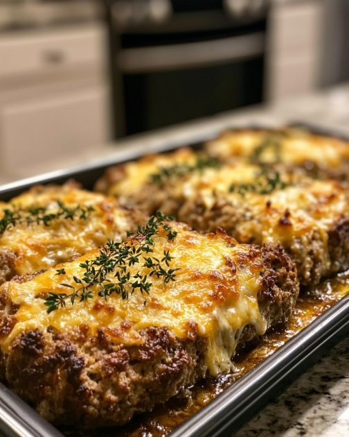 two meat patties covered in cheese on a baking sheet