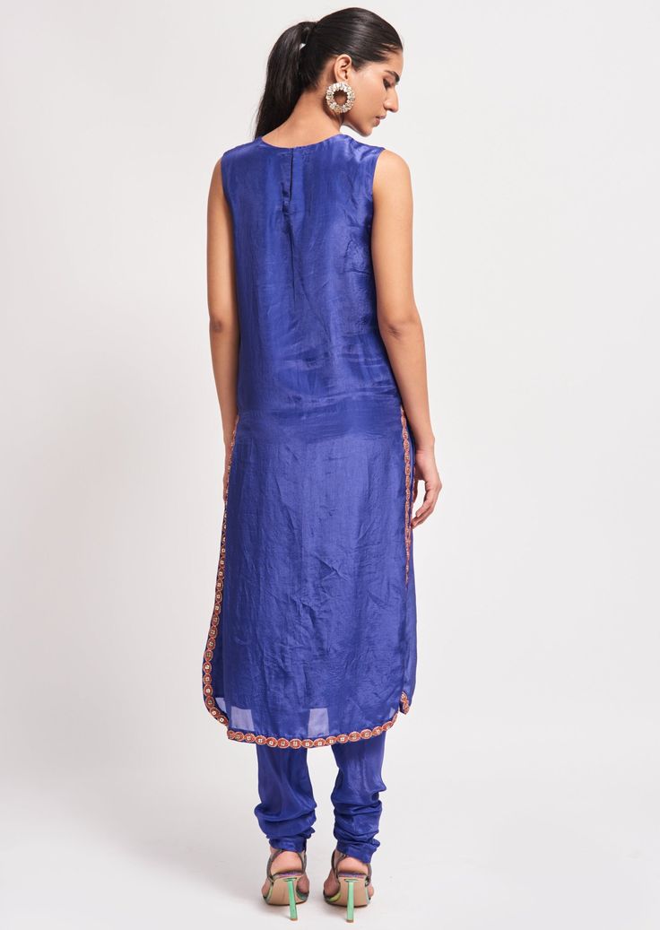 Kinfolk cobalt blue applique embellished habutai silks straight long kurta, churidar & organza dupatta. Long Kurta, Organza Dupatta, Churidar, Kurta Set, Cobalt Blue, Cobalt, Silk, Blue