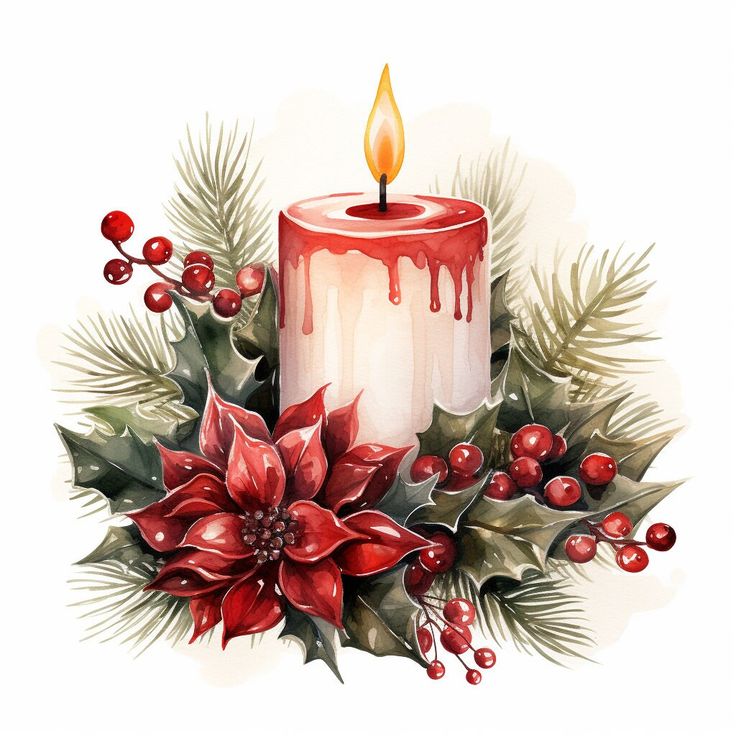 a christmas candle with holly and poinsettis on the side, painted in watercolor