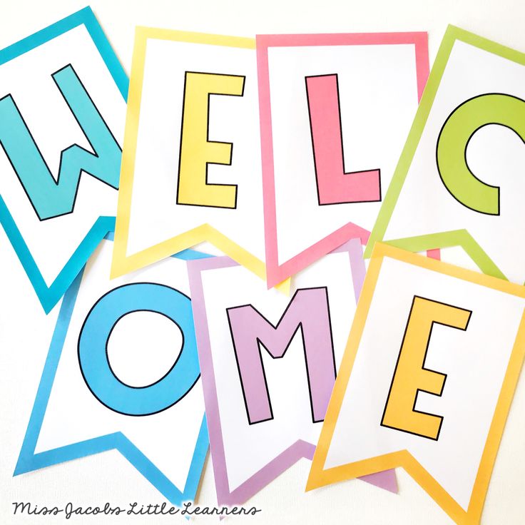 four colorful welcome cards with the word'welcome'in different colors and shapes, on top of each other