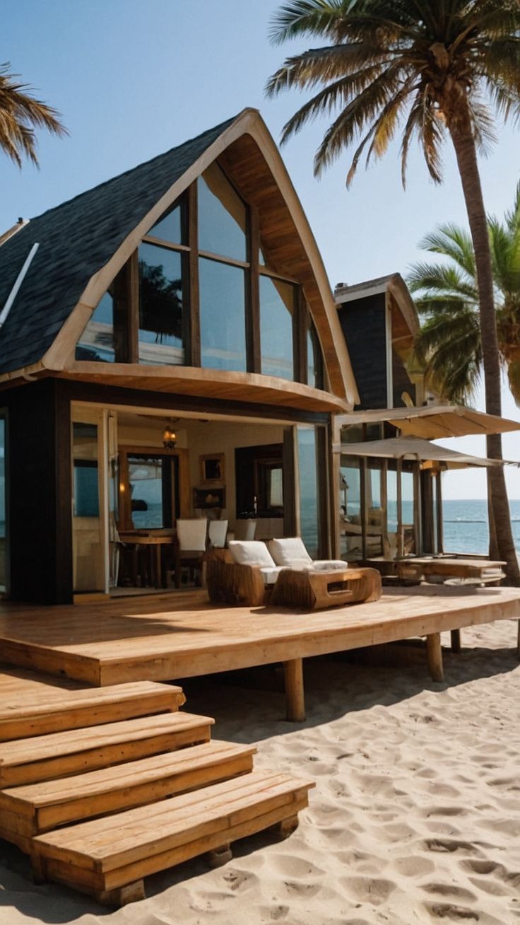 a house on the beach with steps leading up to it and palm trees in the background