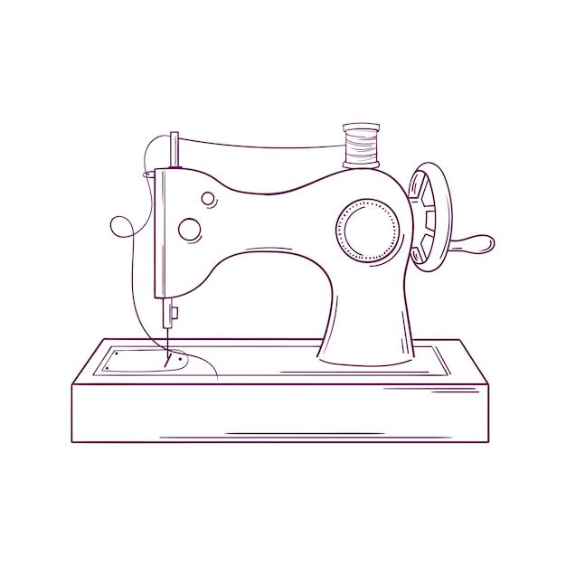 a sewing machine with needle and thread line drawing on white background stock photo - budget conscious