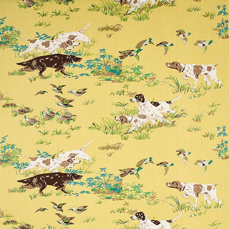 a yellow background with brown and white dogs running in the grass, birds and flowers