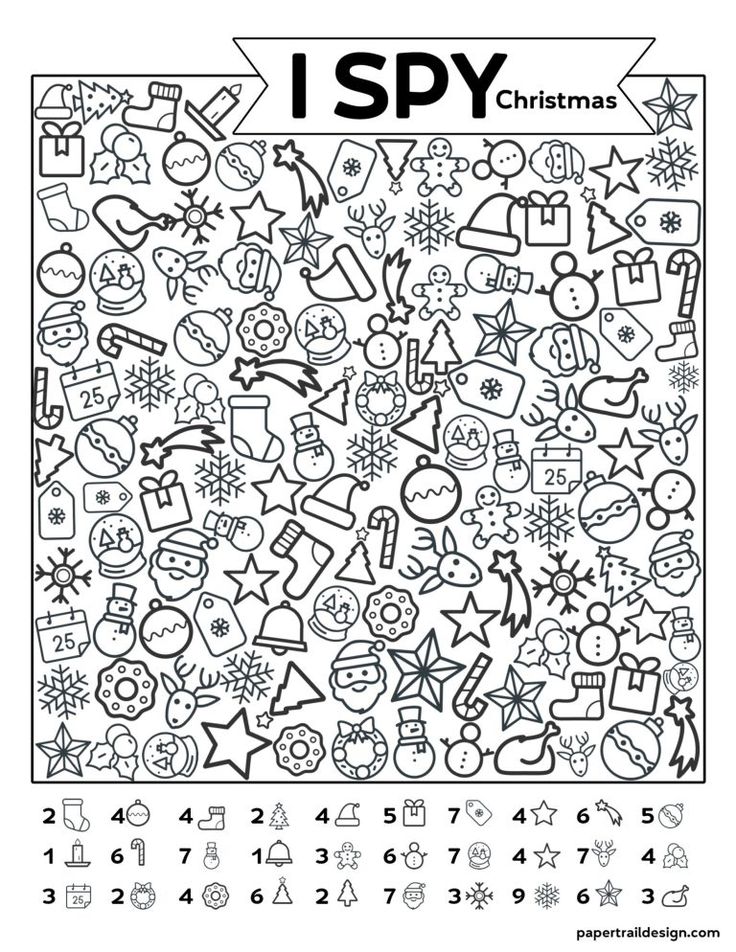 the i spy christmas coloring page is shown in black and white, with numbers on it