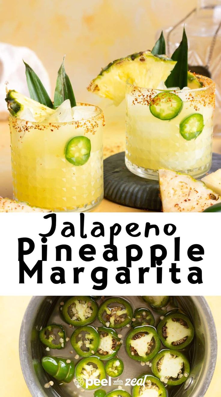 jalapeno pineapple margarita recipe in a glass with limes on the rim