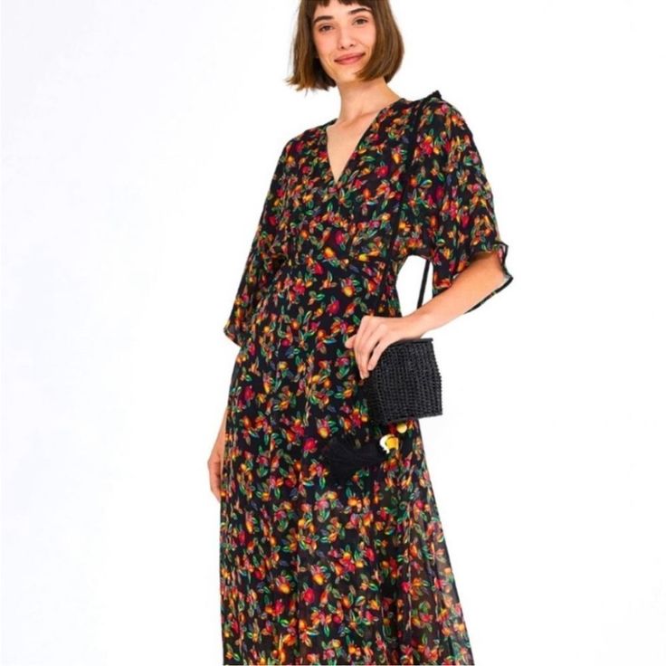 Floral Print; Three-Quarter Sleeve With V-Neck; Sash-Tie Closure At Side; Lined Fit:Dresses By Farm Rio Typically Fit True To Size Pit To Pit 14" Length 57" Summer Black Wrap Midi Dress, Black Summer Wrap Dress, Black Wrap Midi Dress For Summer, V-neck Floral Print Wrap Dress For Evening, Floral Print V-neck Evening Wrap Dress, Black Dresses With Tie Waist And Surplice Neckline, Black Midi Dress With Tie Waist And Surplice Neckline, Black V-neck Wrap Dress For Spring, Bohemian Multicolor V-neck Wrap Dress