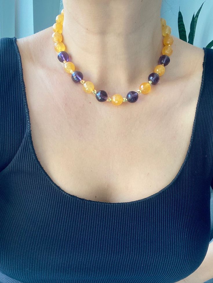 Unique Big Bold Yellow and Purple Choker Necklace, Chunky Gemstone Beaded Jewelry for Women ☀️Dimension: 42 cm +4 cm extention chain If you do not want an extension chain or need additional extension chain, please inform me. 🌈Materials:Quartz,14k gold plated 🔴 30% Discount for 2 items use the code: 2ITEMS30 🔴 35% Discount for 3 or more items use the code: MOREITEM35 Visit my shop for all designs: https://www.etsy.com/shop/MervuHandmadeJewelry ✈️Trackable Shipping Necklace comes in a jewelry box 💎Made from high-quality materials. This necklace is designed to be suitable for your use for many years to come.  Avoid direct contact with perfume, lotions and chemicals. 🍀Thank you so much your shopping 💜If you have any questions or request you can send me message at any time :) 💙 Please do Spiritual Yellow Jewelry With Gemstone Beads, Yellow Spiritual Jewelry With Gemstone Beads, Spiritual Yellow Gemstone Beads Jewelry, Yellow Spiritual Beaded Necklace With Gemstone Beads, Adjustable Single Strand Yellow Beaded Necklaces, Adjustable Yellow Single Strand Beaded Necklaces, Adjustable Single Strand Yellow Beaded Necklace, Adjustable Yellow Single Strand Beaded Necklace, Yellow Gemstone Beaded Necklaces For Gifts